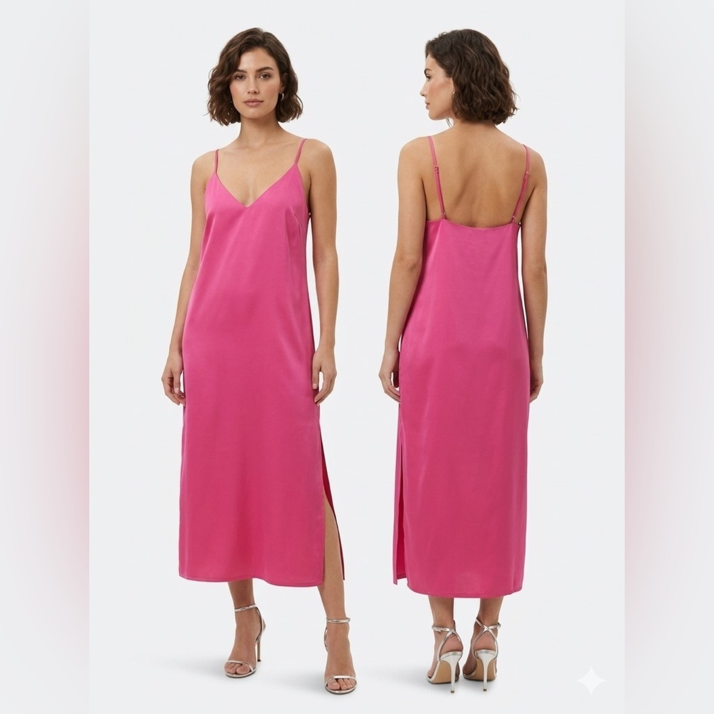 SHINESTAR V-Neck Slip Dress Hot Pink Satin Midi Side Slit Large